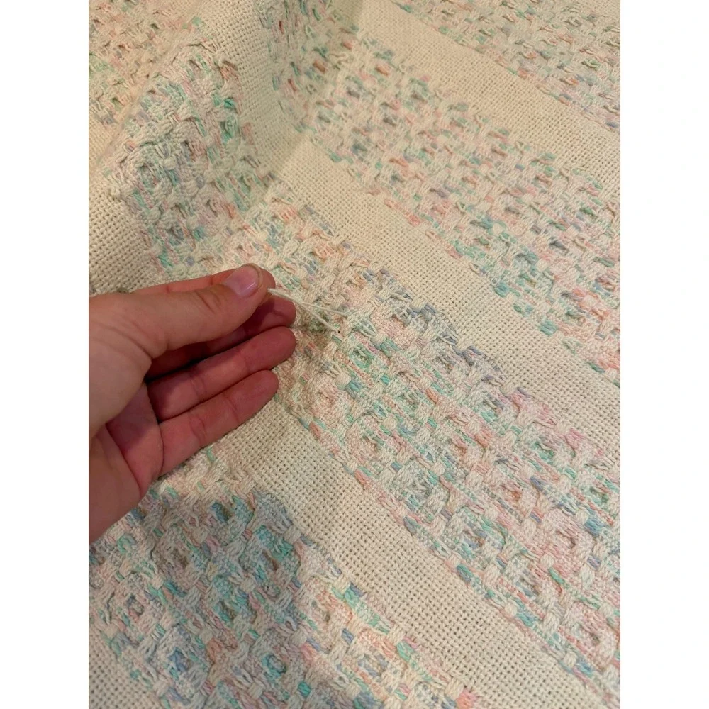 Vintage Beacon Cotton Thermal Blanket Pastel Multi Color Fringe Waffle Weave USA